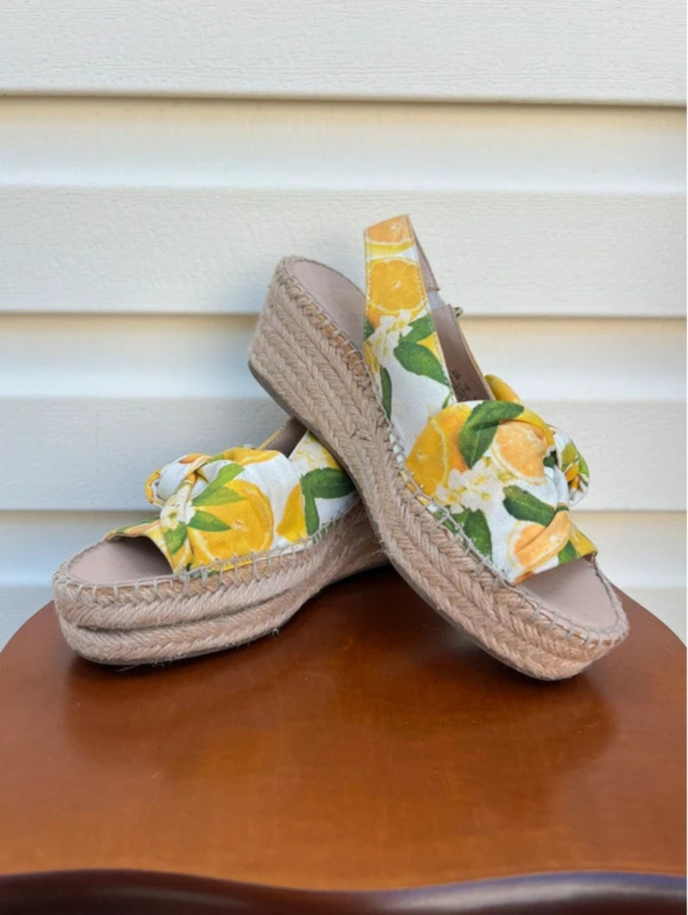 Franco Sarto Lemon Print Espadrille Wedge Sandals Bow Slingback Size 6